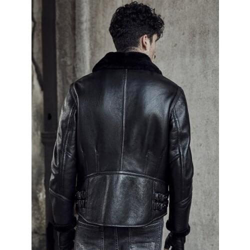 Motorcycle Sheepskin Shearling Mens Leather Jacket Pilots Coat Mens Fur Coat Flying Jacket