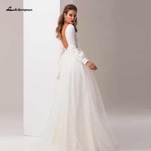 Sexy Bridal Boho Satin Tulle Long Sleeve Wedding Dress 2020 Hochzeit Elegant Backless A Line Wedding Dresses for Summer Beach