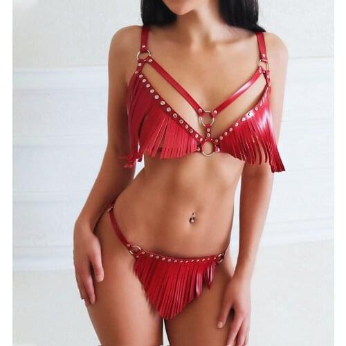 Sexy Leather lingerie BDSM harness Sets women Erotic lingerie Tassel panties underwear Fetish Chest Strap Suspenders Bra Rivet