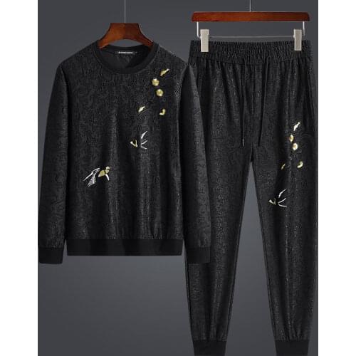 Dark grain fleece suit male personality qiu dong the plum blossom embroidery leisure trousers two suits