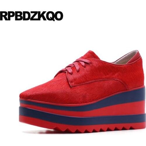 Creepers 8cm European Platform Wedge Shoes Luxury Casual Square Toe Ladies Red 2019 Size 4 34 High Heels Lace Up Pumps Harajuku
