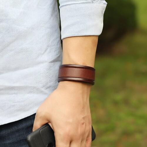 Vintage Punk Wide Brown Leather Bracelets for Men Jewelry Handmade Button Wrap Wristband Women Bangles Hand Stap