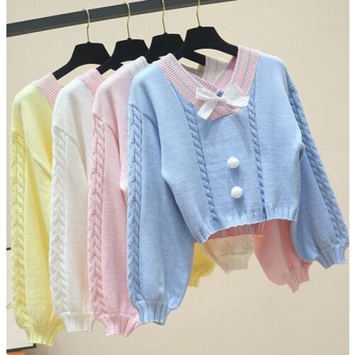Lucyever Kawaii Candy Color Bow Sweaters Women 2021 New Sweet Mix Color V-neck Knit Pullovers Woman Lantern Sleeve Crop Sweater