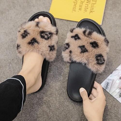 ZEEKSON Couple Plush Slippers Indoor Leopard Print Plush Mens Slippers Winter Personality Flat-bottomed Home Slippers Size 45