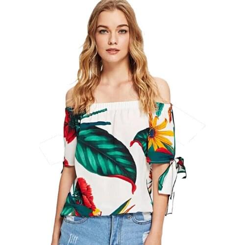 Neatie kiddie Fashion Sexy Slash Neck Off Shoulder Shirt Women Blouse Floral Print Summer Loose Sweet Blusas Female