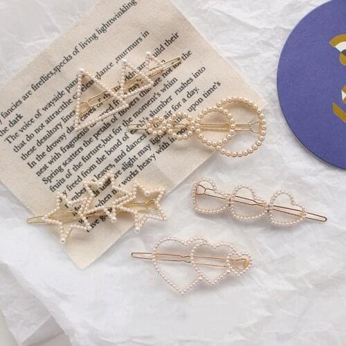 Fashion Women Full Pearl geometric Hair Clips love star Net red side clip bangs clip card hairpin Barrette hair accessories