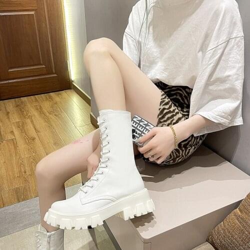 2021 New Vogue Winter Gothic Punk Womens Platform Boots Black Buckle Strap Zipper Creeper Wedges Shoes Mid Calf Military Combat