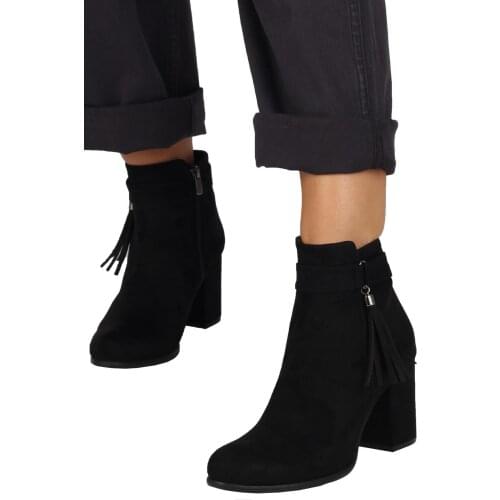 Modabuymus Women Black Suede Fringe Heels Boots-Sares