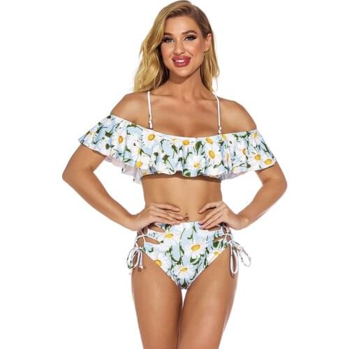 Daisy Print Womens Swimsuit 2021 One-shoulder Ruffled Swimsuit High Waist Printed Split Swimsuit Womens Strap Small Fresh