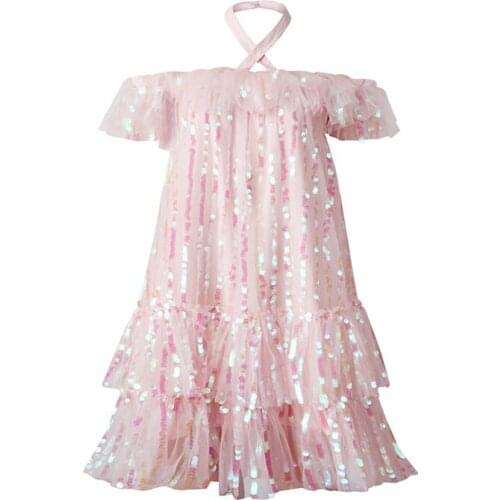 Girls Sweet Pink Bling Bling Sequined Ruffles Ball Gown Dress Off Shoulder Halter Summer Beach Party Mesh Dress