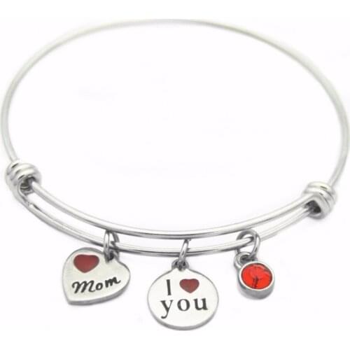 64MM Stainless Steel Adjustable Wire Bangle I Love You Mom with Red Birthstone Charms Mothers Day Gift