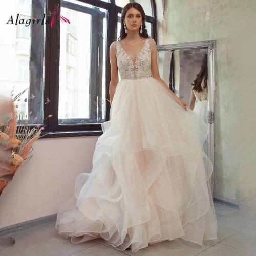 Alagirls Plus Size Wedding Dress 2020 V-Neck Sleeveless Lace Embroidery Beading Beach Wedding Dresses Simple vestidos de noiva