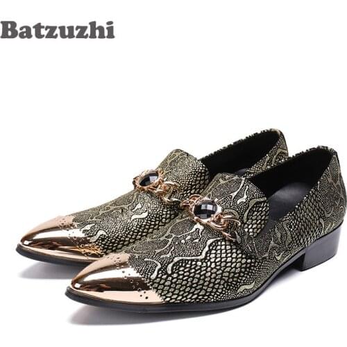 Batzuzhi Handmade Mens Shoes Pointed Metal Toe Fish Scale Pattern Leather Mens Loafers Shoes Flats Designers Formal Shoes Men