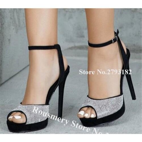 Bling Bling Rhinestone High Platform Stiletto Heel Sandals Black Suede Crystal High Heel Sandals Wedding Dress Heels