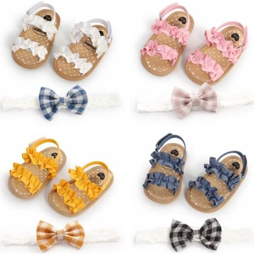 Lovely Newborn Kid Baby Girl Ruffle Sandals Hairband Summer Baby Crib Shoes First Prewalker Baby Sandals