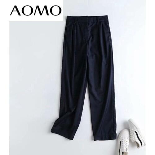 AOMO Fashion Women Navy High Quality Suit Pants Trousers Pockets Office Lady Business Pants Pantalon 4C33A