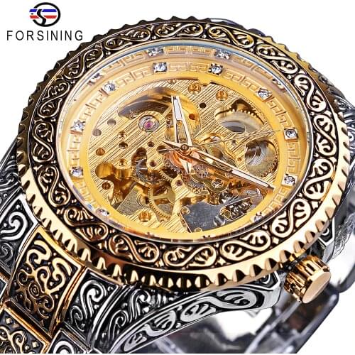 Forsining Luxury Men Automatic Mechanical Wristwatch Waterproof Stainless Steel Diamond Watch Golden Mens Clock Vintage Reloj