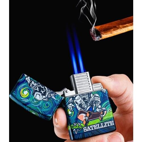 ZORRO Double Straight Torch Flames Butane Gas Inflatable Lighter Windproof Blue Jets Color Painting Smoking Cigarettes Accessory