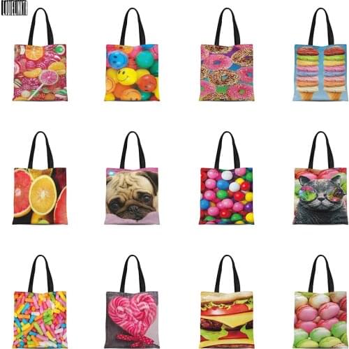 Candy Color Canvas Eco-friendly Shopping Bag Burger Donut Ice Cream Fun Harajuku Tote Bag Girls Casual Shoulder Bag Travel Bag