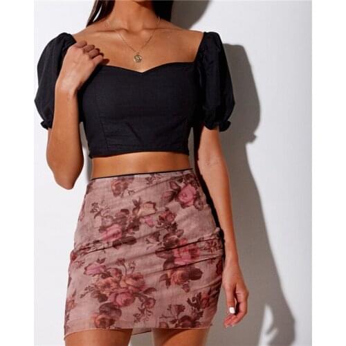 Summer Women Boho Beach Skirts High Waist Floral Printing Mesh Lined Bodycon Short Mini Skirt Sexy Lace Trim Bottoms Club 2021