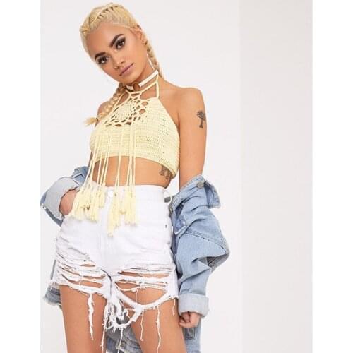 Vamos Todos 2021 Summer Knitting Crochet Bikini Cover Up Sexy Low Cut Women Top Fringe Neck Sling Swimsuit Free Size Beachwear