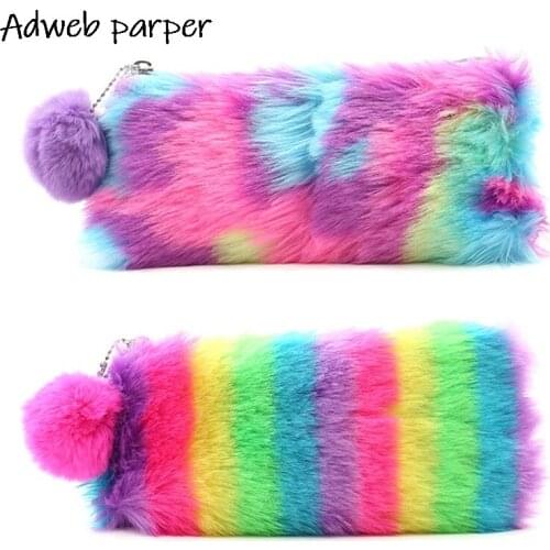 Cute Plush School Pencil Case Rainbow Pencilcase For Girls Large Big Pen Bag Stationery Pouch Box Gift School Supplies
