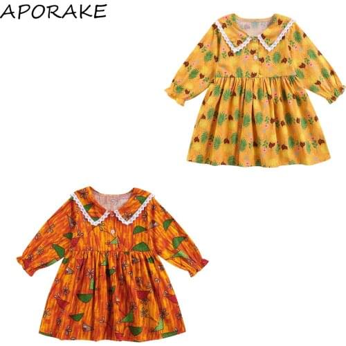 2021 0-5Y Boho Toddler Girl Spring Fall Dress Cartoon Floral Print Long Sleeve Button Front Lace Doll Collar A-Line Dress