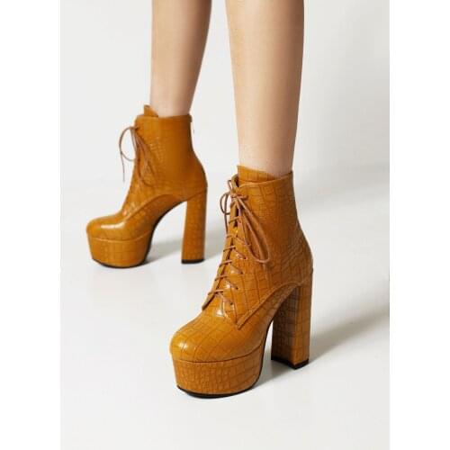 Fashion Lace-Up Thick-Heeled Womens Short Boots Ultra-High Waterproof Platform Thick-Heel Boots Stone Grain Mid-Calf Boots