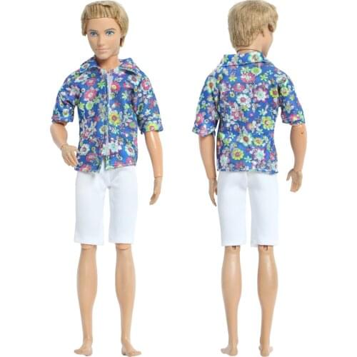 Fashion One Set Men Outfit Flower Pattern Shirt White Short Pants Summer Clothes for Ken Doll Accessories Dollhouse Boy Toy