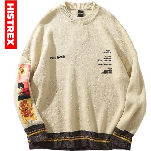 Men Sweater 100% Cotton Hip Hop Pullover Streetwear Van Gogh Painting Embroidery Knitted Retro Vintage Autumn Wool Sweaters Mens