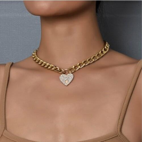 New Fashion Necklace Jewelry Gothic Statement Necklace Rhinestone Peach Heart Love Pendant Women Chain Wholesale Bijoux Femme