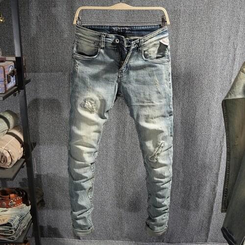 Newly Street Vintage Fashion Men Jeans Retro Gray Blue Elastic Slim Fit Ripped Jeans Men Patchwork Designer Casual Denim Pants