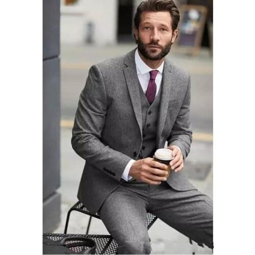 Autumn Winter Fashion Grey Tweed Groom Tuxedos Notch Lapel Men Wedding Tuxedos Men Dinner Party Suit 3 piece(Jacket+Pants+Vest)