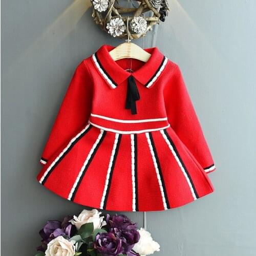 Autumn Winter Baby Girls Clothes Striped Sweater Dress College Style Pleated Dress Kids Fall Clothing Princess Dress For Girl