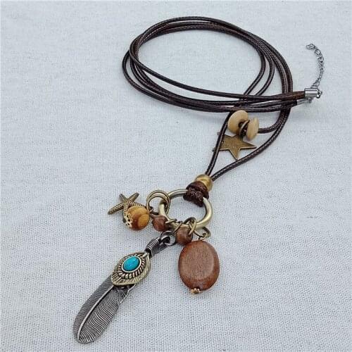 2018 new long paragraph pendant necklace vintage wood feather stars pendant handmade sweater necklace accessories Christmas gift