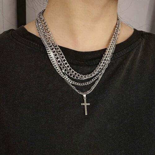 Hip Hop Necklace Metal Multilayer Snake Chain Cross Pendant Necklace For Women Statement Necklaces Womens Hip Hop Jewelry