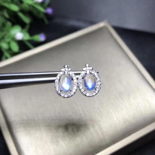 The simplest style, 925 silver natural moonstone stud earrings, blue moonstone, crystal clean, high-end gemstones