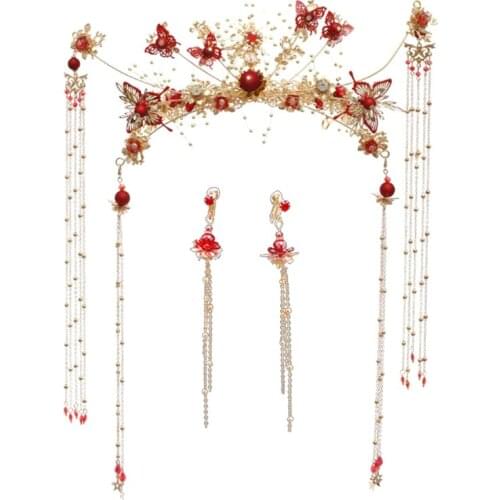 Chinese Classical Tassel Floral Headdress Earrings Hair Ornaments Women Girls Dress Jewelry Set