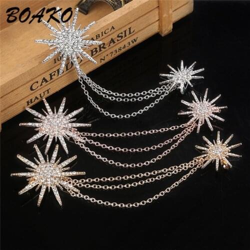 BOAKO Shining Crystal Snowflake Double Chain Tassels Brooch Womens Alloy Rhinestones Scarf Buckle Collar Pins Brooch Clip Badge