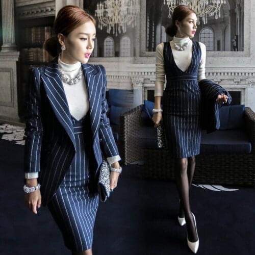 Women Striped Office Lady Dress Suits 2 Two Piece Sets Elegant Notched Jacket Blazer + Fashion Sheath Dresses Femme