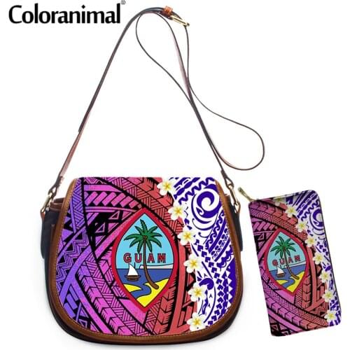 Coloranimal 2021 New Guam Flag Hawaii Polynesian Plumeria Printed PU Crossbody Bag for Women PU 2Pcs Shoulder Bag with Purse Sac