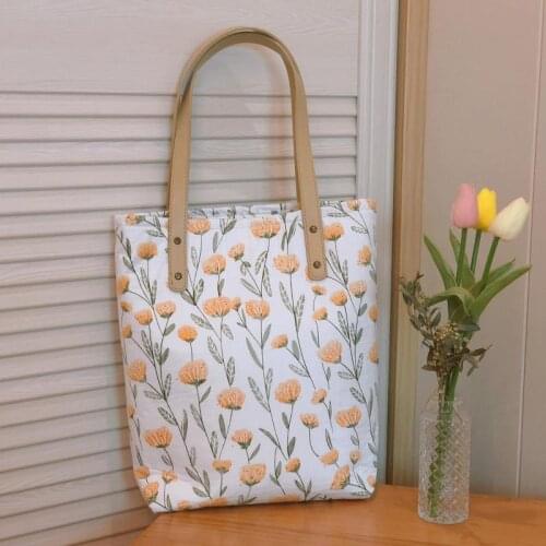 Cotton Fabric Floral Handbag Women Vintage Tote Bag Leather Handle Sweet Hand Bag Large Capacity Korean Flower Handbags Beige