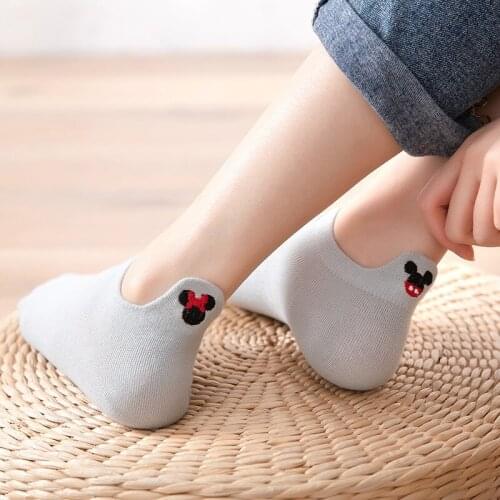 Disney Mickey Mouse Cartoon Character Embroidery Monochromatic Pure Cotton Thin Cotton Cute Style Womens Socks