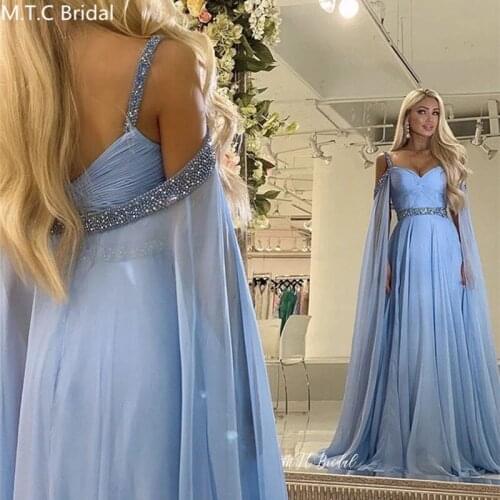 2020 New Arabic Evening Dress Mint Blue Sweetheart Chic Beaded Strapless Sashes Long Formal Dresses Customize Robe De Soiree