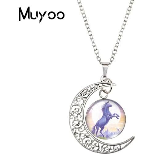 2020 New Unicorn Horse Moon Necklace Mysterious Unicorns Pendant Glass Cabochon Necklaces 20mm Round Jewelry