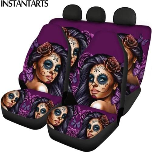 INSTANTARTS Day of the Dead Sugar Rose Skull Pattern Easy to Install Front and Back Car Seat Covers Full Set for Women Anti-Slip