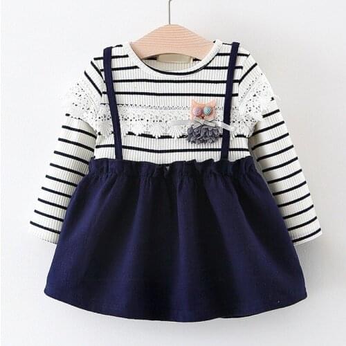 Spring Long Sleeve Lace design Baby Party dress kids Children Cotton dresses princess Newborn Striped Dress Vestido