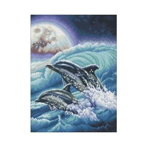 Dolphins in the moonlight Counted Cross Stitch 11CT 14CT 18CT DIY Chinese Cross Stitch Kits Embroidery Needlework Sets
