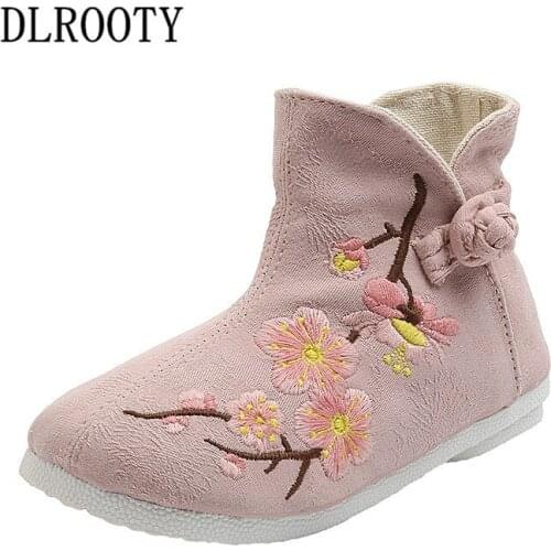 Children Martin Boots Embroider Flower Shoes Girl National Style Autumn Spring Flat Baby Kid Outdoor Fashion Ankle Non-slip