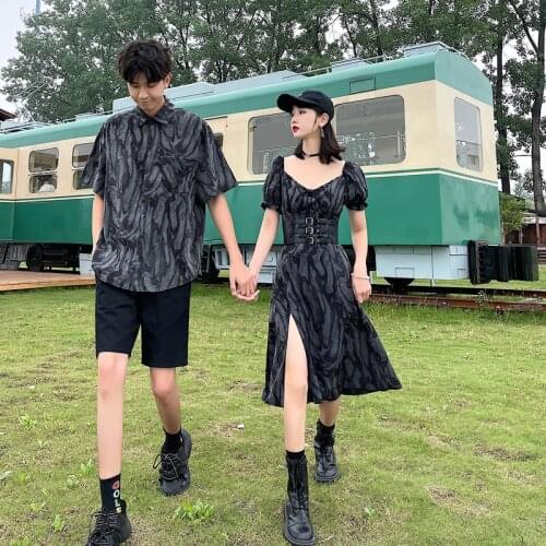 【 F58】2021 new couple slit long skirt puffy sleeve dress men shirt couples clothes couples clothing